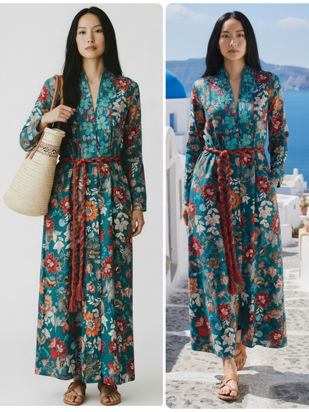 TAJ by Sabrina Crippa Rayon Sequin Embroidered Braided Belt Maxi Dress NWT $440